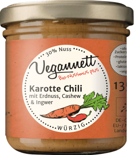 Bio Karotte Chili Aufstrich mit Cashew- und Erdnussmus, Ingwer und Chili von Vegannett
