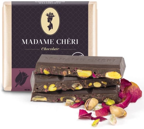 Zartbitter-Schokolade mit Rose & Pistazienkernen von Madame-Cheri
