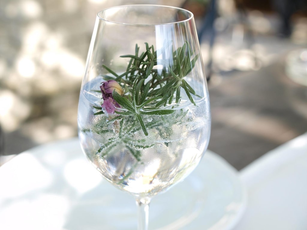 Gin Tonic Glas mit Rosmarinzweig und Hibiskusblüte