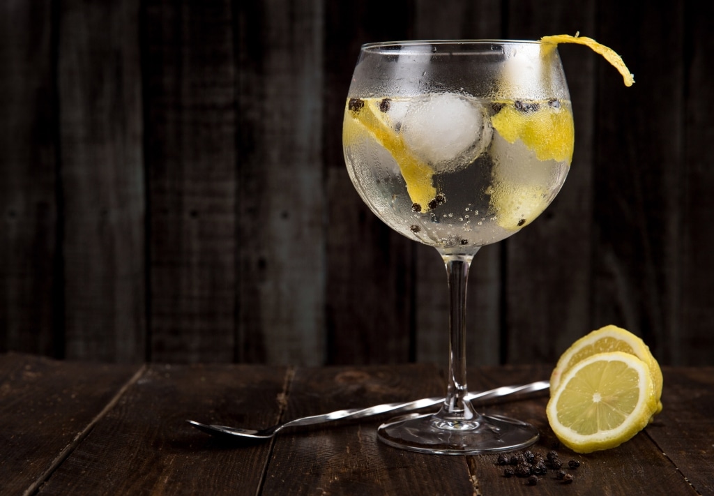 Gin Tonic Rezept mit Zitronenzeste, Wacholderbeeren und Eis