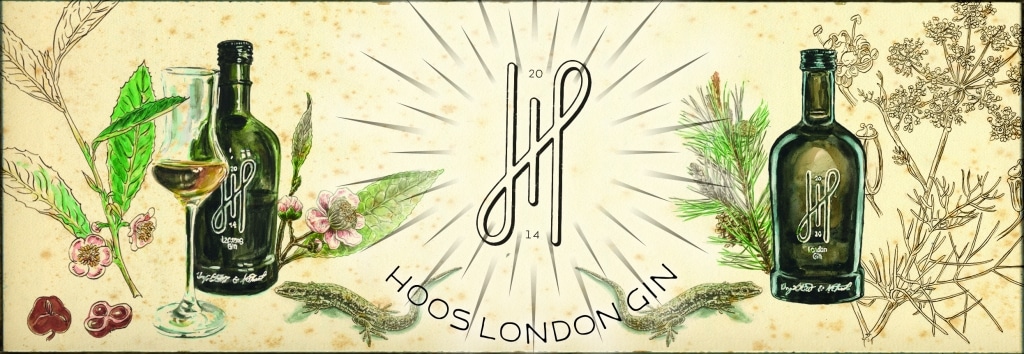Grafik mit Hoos London Gin Flaschen, floralen Elementen, Cocktailglas und kleiner Echse